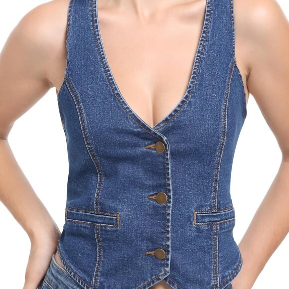 Womens Denim Vest Button Up V Neck Cropped Jean Vest Top - Picture 4 of 5